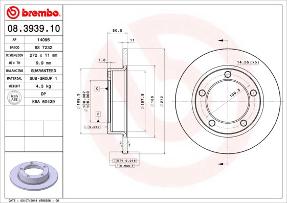 BREMBO brzdový kotúč 08.3939.10, súprava 2 ks
