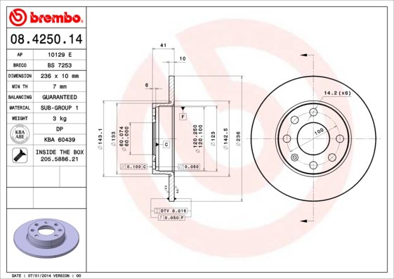 BREMBO brzdový kotúč 08.4250.14, súprava 2 ks