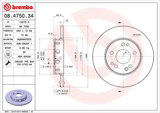 BREMBO brzdový kotúč 08.4750.34, súprava 2 ks
