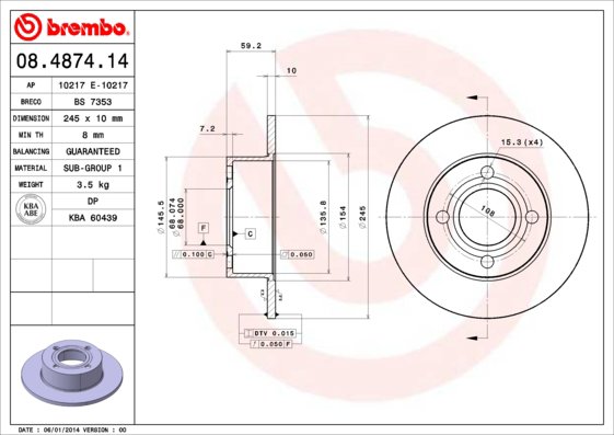 BREMBO brzdový kotúč 08.4874.14, súprava 2 ks