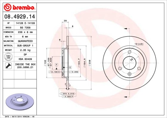 BREMBO brzdový kotúč 08.4929.14, súprava 2 ks