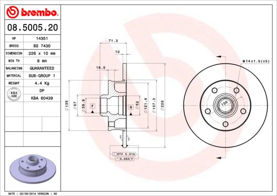 BREMBO brzdový kotúč 08.5005.20, súprava 2 ks