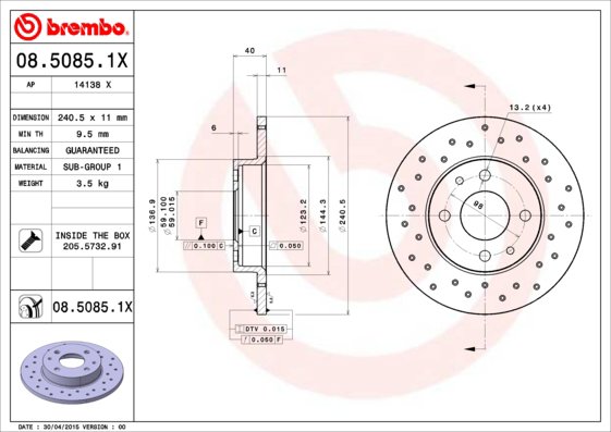 BREMBO brzdový kotúč 08.5085.1X, súprava 2 ks