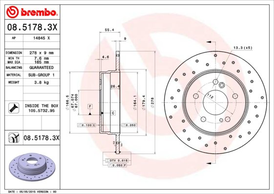 BREMBO brzdový kotúč 08.5178.3X, sada 2 ks