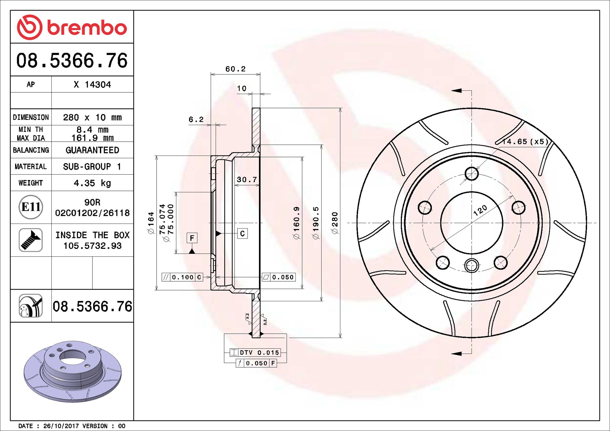 BREMBO brzdový kotúč 08.5366.76, sada 2 ks