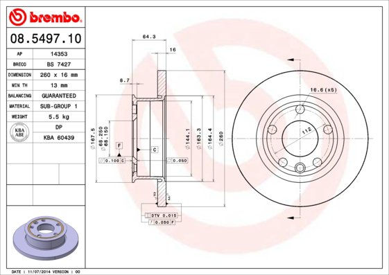 BREMBO brzdový kotúč 08.5497.10, súprava 2 ks