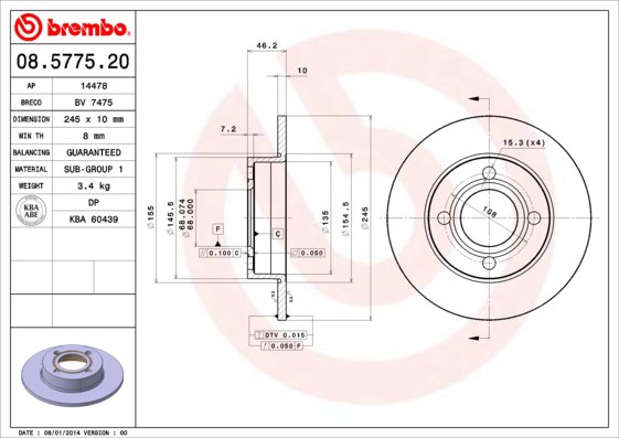 BREMBO brzdový kotúč 08.5775.20, súprava 2 ks