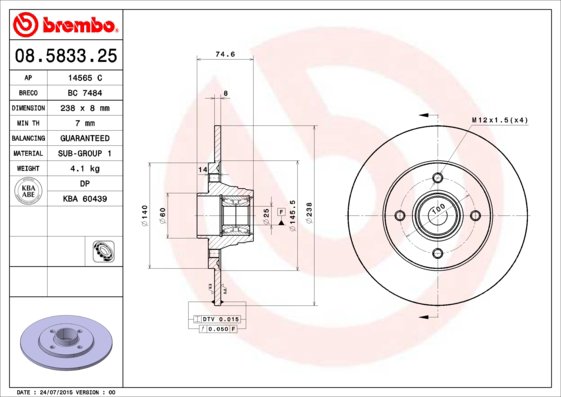 BREMBO brzdový kotúč 08.5833.25, súprava 2 ks