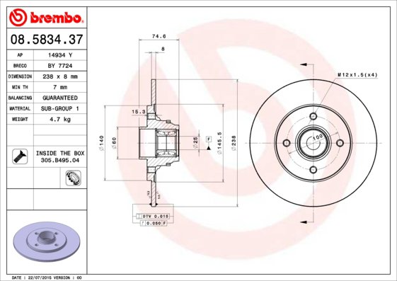 BREMBO brzdový kotúč 08.5834.37, sada 2 ks