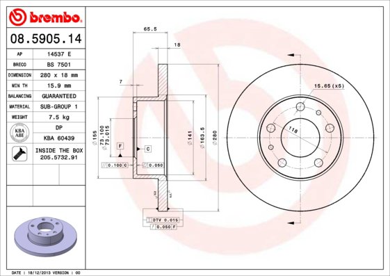 BREMBO brzdový kotúč 08.5905.14, súprava 2 ks