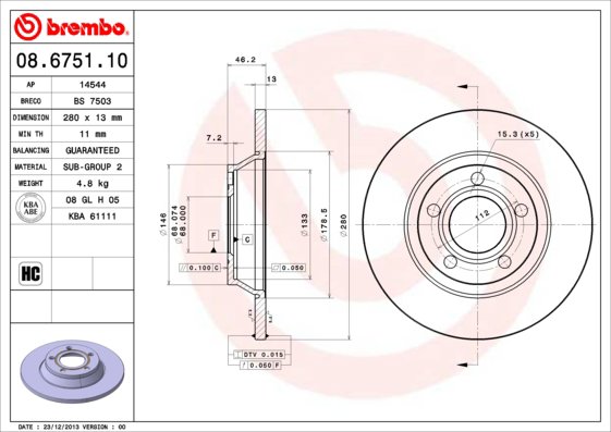 BREMBO brzdový kotúč 08.6751.10, sada 2 ks