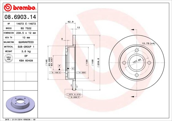 BREMBO brzdový kotúč 08.6903.14, sada 2 ks