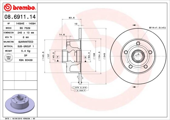 BREMBO brzdový kotúč 08.6911.14, sada 2 ks