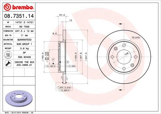 BREMBO brzdový kotúč 08.7351.14, súprava 2 ks