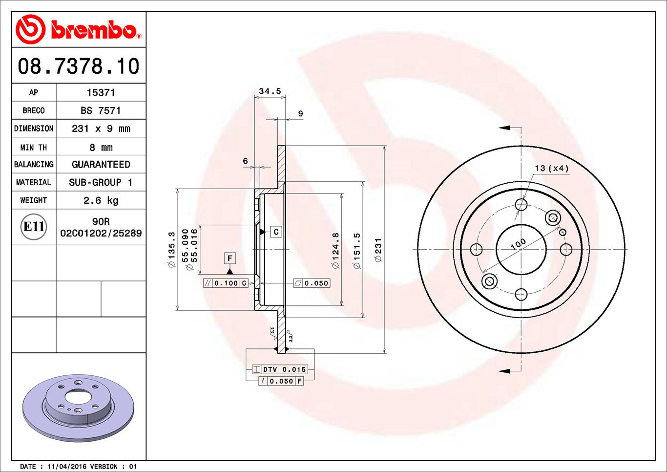 BREMBO brzdový kotúč 08.7378.10, sada 2 ks