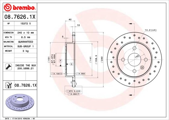 BREMBO brzdový kotúč 08.7626.1X, súprava 2 ks