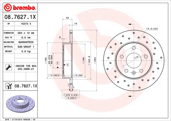 BREMBO brzdový kotúč 08.7627.1X, súprava 2 ks