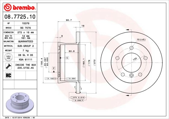 BREMBO brzdový kotúč 08.7725.10, súprava 2 ks