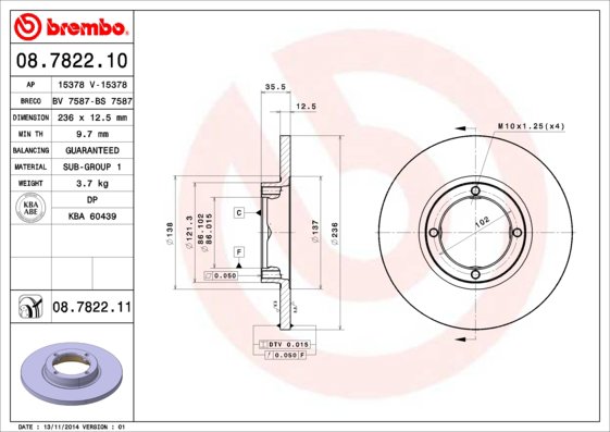 BREMBO brzdový kotúč 08.7822.10, súprava 2 ks