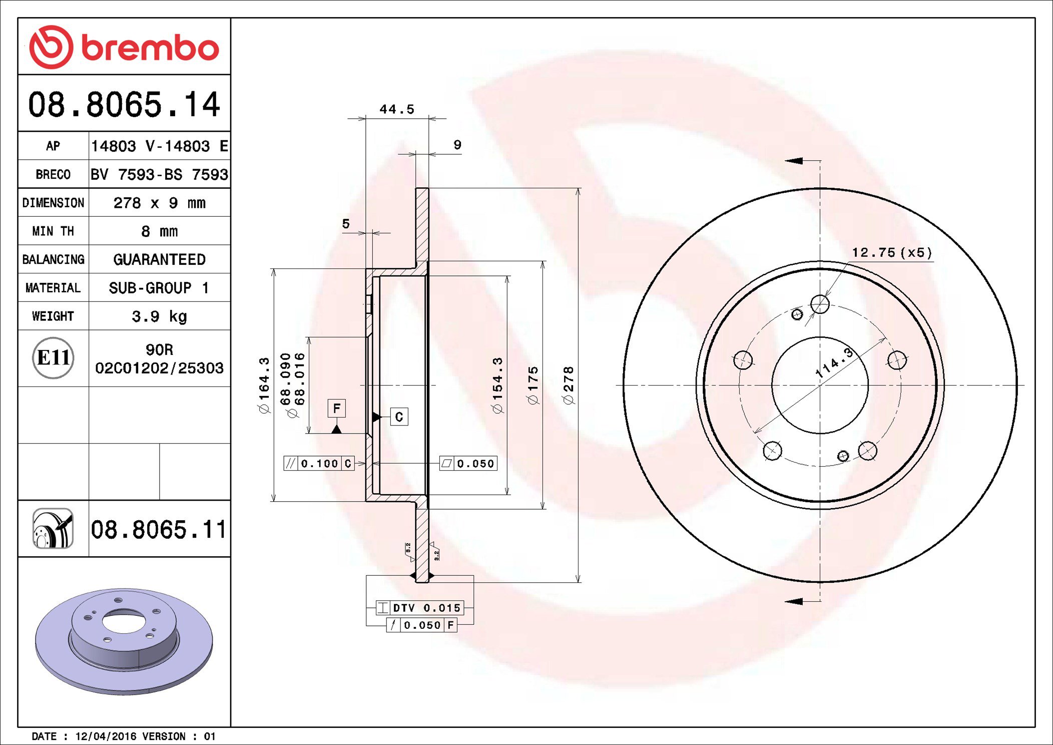 BREMBO brzdový kotúč 08.8065.14, súprava 2 ks