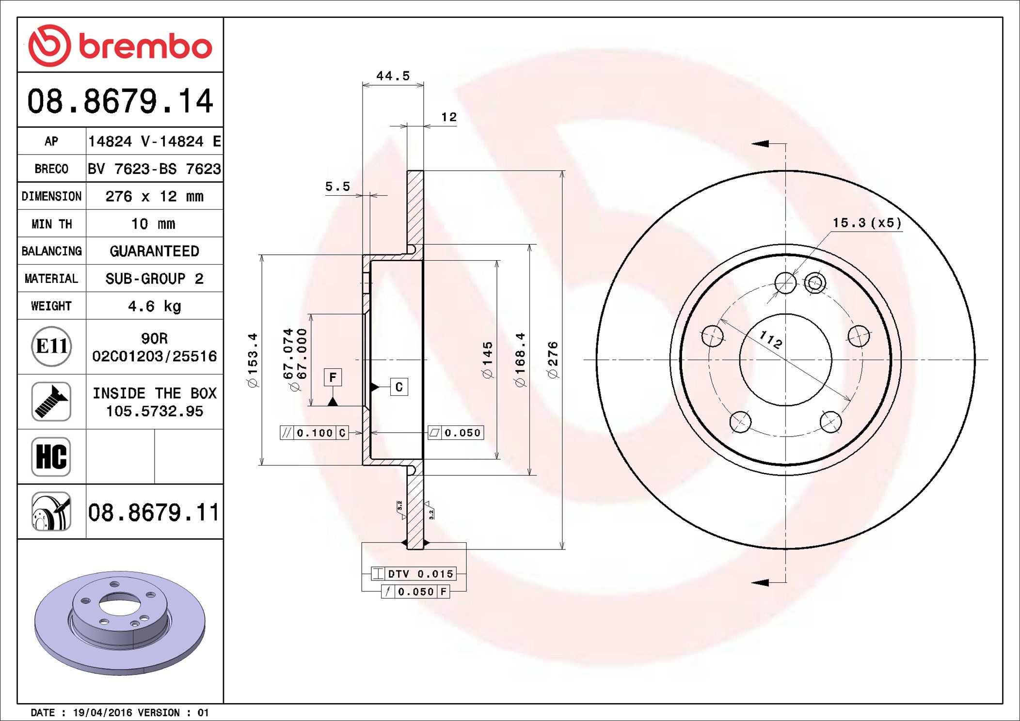 BREMBO brzdový kotúč 08.8679.11, sada 2 ks