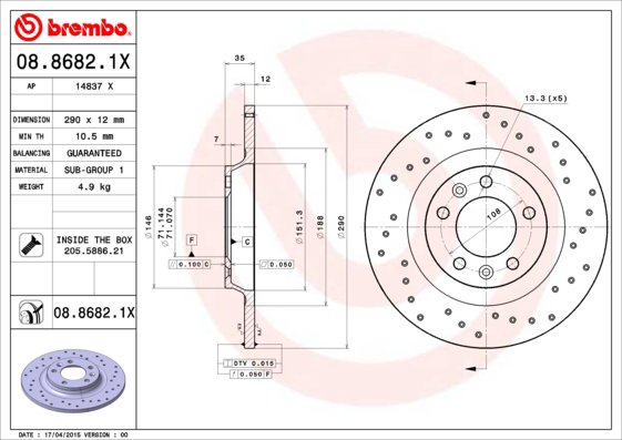 BREMBO brzdový kotúč 08.8682.1X, súprava 2 ks