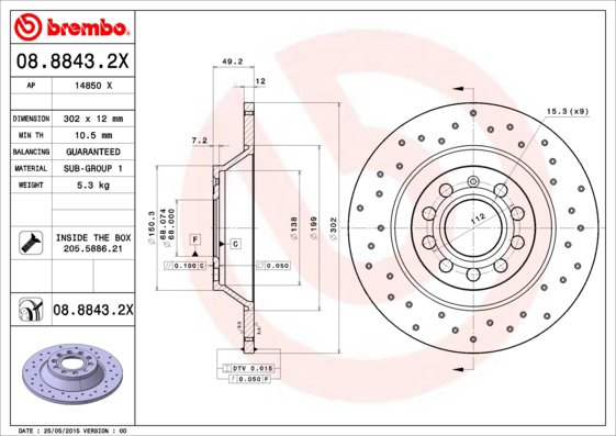 BREMBO brzdový kotúč 08.8843.2X, sada 2 ks