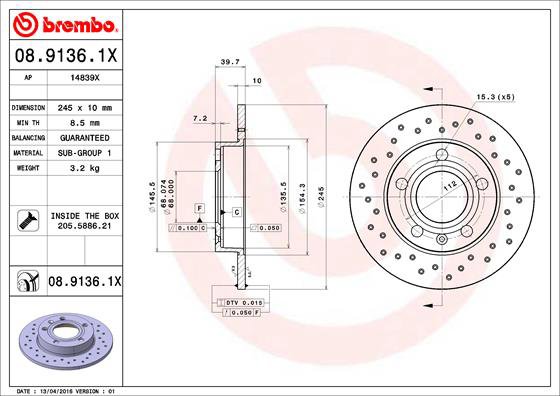 BREMBO brzdový kotúč 08.9136.1X, súprava 2 ks