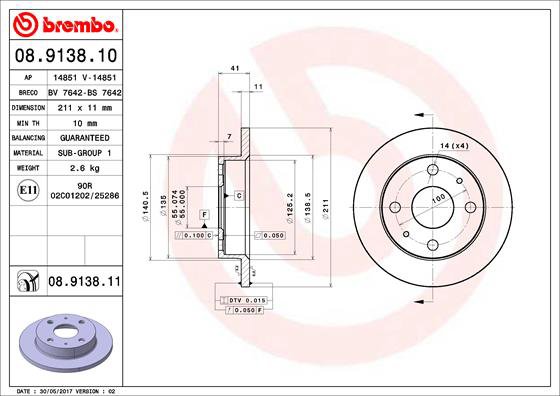 BREMBO brzdový kotúč 08.9138.10, súprava 2 ks