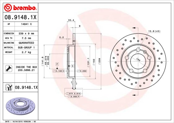 BREMBO brzdový kotúč 08.9148.1X, súprava 2 ks
