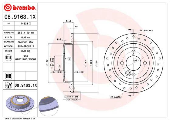 BREMBO brzdový kotúč 08.9163.1X, súprava 2 ks