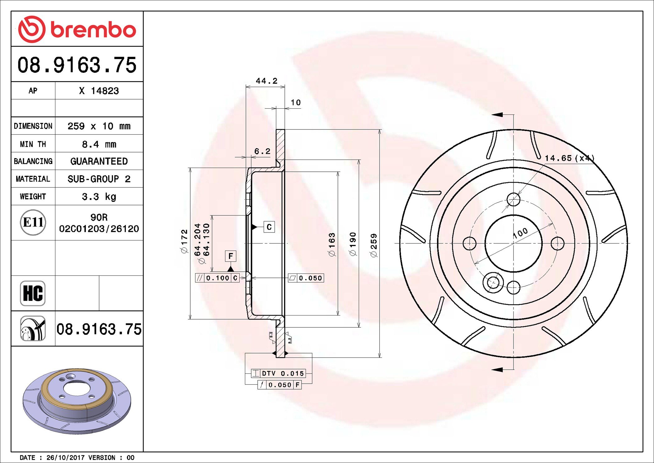BREMBO brzdový kotúč 08.9163.75, súprava 2 ks