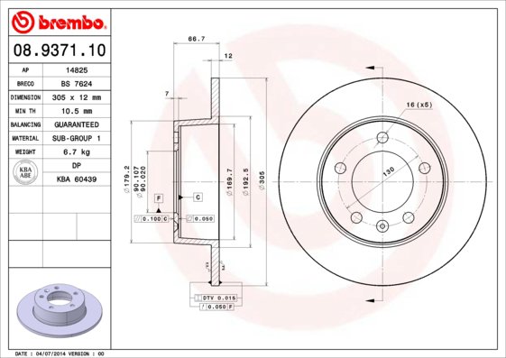 BREMBO brzdový kotúč 08.9371.10, súprava 2 ks