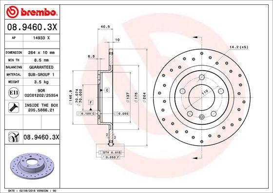 BREMBO brzdový kotúč 08.9460.3X, súprava 2 ks