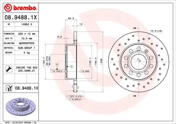 BREMBO brzdový kotúč 08.9488.1X, sada 2 ks