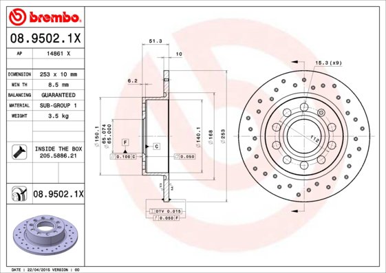 BREMBO brzdový kotúč 08.9502.1X, súprava 2 ks
