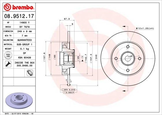 BREMBO brzdový kotúč 08.9512.17, súprava 2 ks