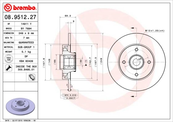 BREMBO brzdový kotúč 08.9512.27, súprava 2 ks