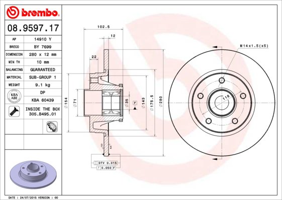 BREMBO brzdový kotúč 08.9597.17, súprava 2 ks