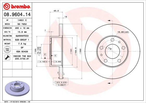 BREMBO brzdový kotúč 08.9604.14, sada 2 ks