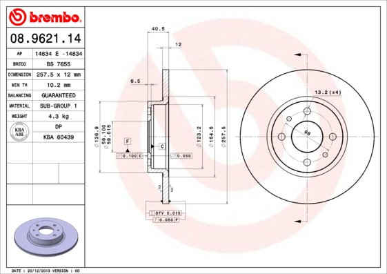 BREMBO brzdový kotúč 08.9621.14, sada 2 ks