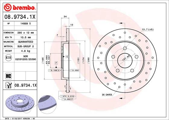 BREMBO brzdový kotúč 08.9734.1X, súprava 2 ks