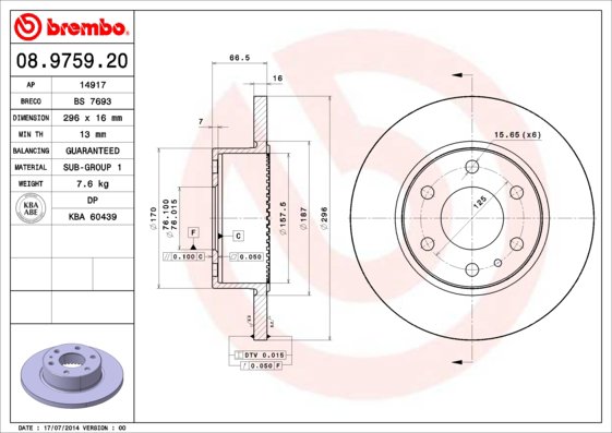 BREMBO brzdový kotúč 08.9759.20, súprava 2 ks