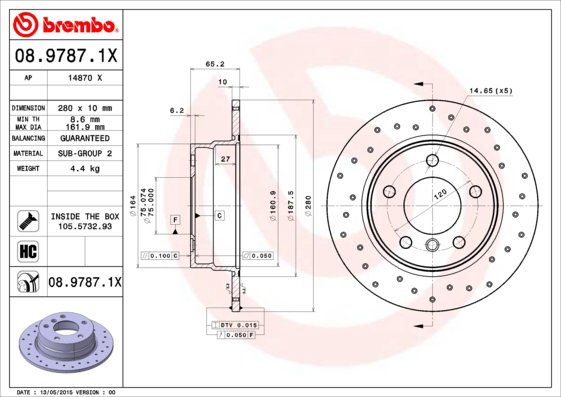 BREMBO brzdový kotúč 08.9787.1X, súprava 2 ks