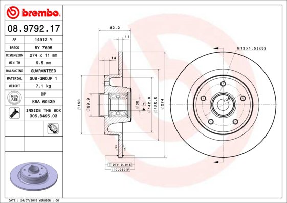 BREMBO brzdový kotúč 08.9792.17, súprava 2 ks
