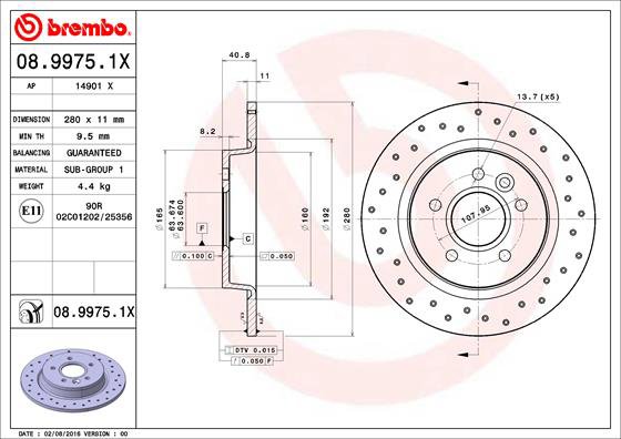BREMBO brzdový kotúč 08.9975.1X, súprava 2 ks