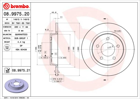 BREMBO brzdový kotúč 08.9975.21, súprava 2 ks