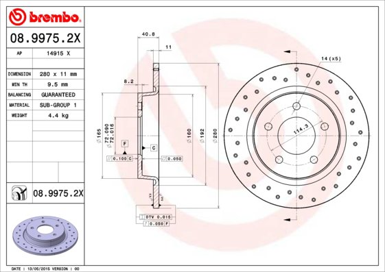 BREMBO brzdový kotúč 08.9975.2X, súprava 2 ks
