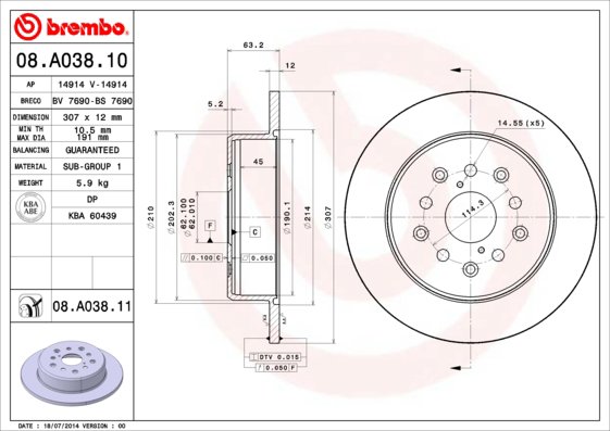 BREMBO brzdový kotúč 08.A038.11, súprava 2 ks