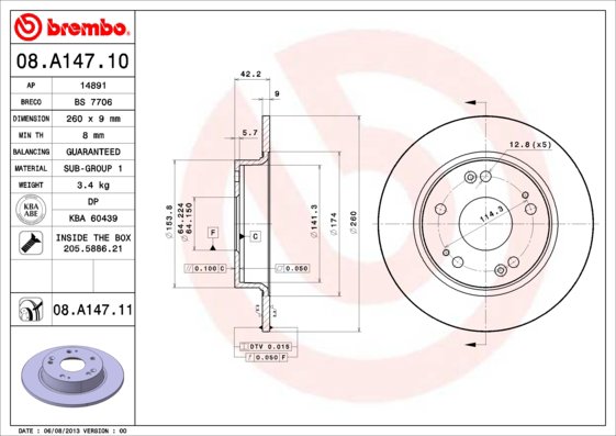 BREMBO brzdový kotúč 08.A147.11, súprava 2 ks
